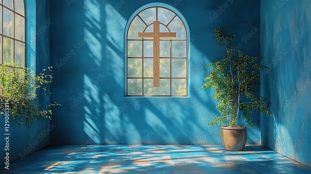 Poster blue empty room with window and sunlight shadow of christian cross on the wall 3d rendering