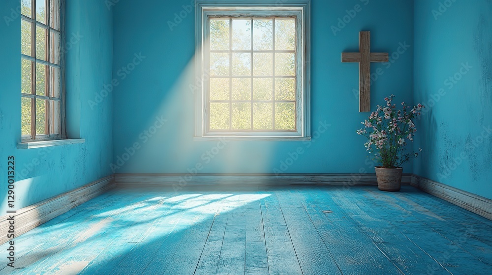 Poster blue empty room with window and sunlight shadow of christian cross on the wall 3d rendering