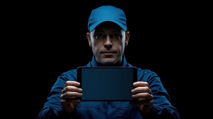 Technician holding tablet, dark background, service, digital