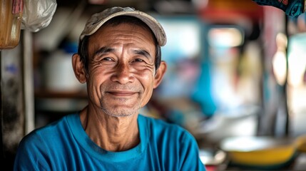 Smiling vendor exudes warmth and friendliness in a cozy kitchen setting.
