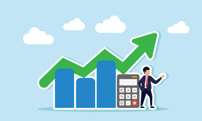Businessman stands beside a calculator and a rising chart, illustration of accurate risk calculation analysis improving business performance and profit