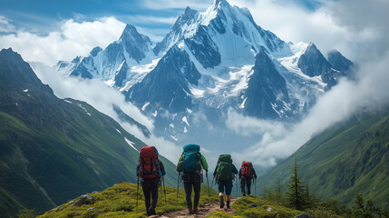 Obraz premium Group of Hikers Trekking Through Scenic Mountain Landscape with Snow-Capped Peaks, Group of Hikers Journeying Through Majestic Peaks: Thrills of Conquering Obstacles and Basking in Mountain Triumphs