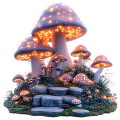 A Fluffy 3D Cartoon Fairytale Forest with Soft Glowing Fairy, Mushroom, and Light-Up Elements Isolated on Transparent Background