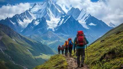 Fototapeta premium Group of Hikers Trekking Through Scenic Mountain Landscape with Snow-Capped Peaks, Group of Hikers Journeying Through Majestic Peaks: Thrills of Conquering Obstacles and Basking in Mountain Triumphs