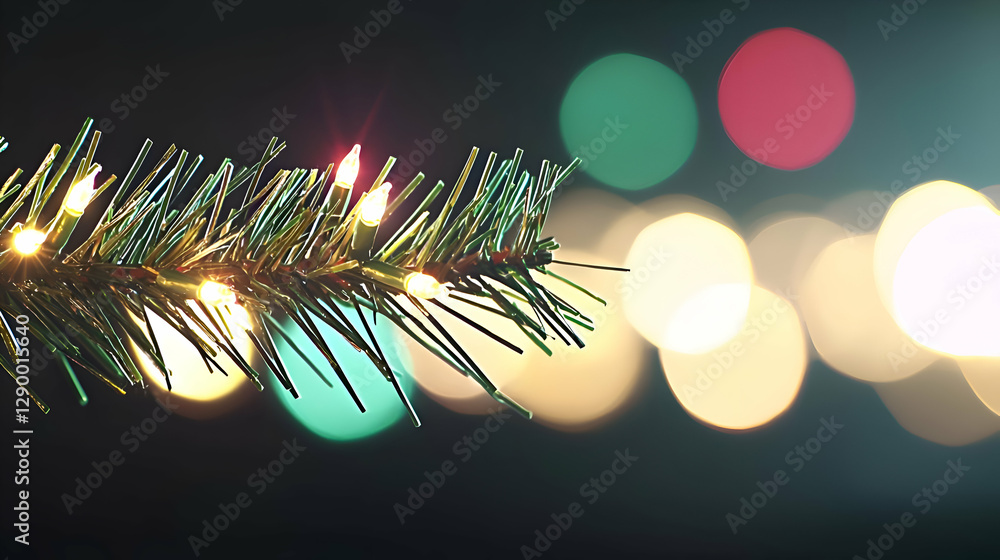 Aufkleber close up of illuminated artificial pine branch with warm glowing lights and bokeh background
