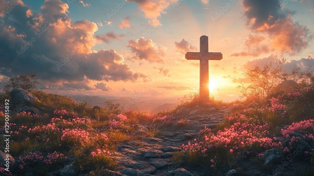 Aufkleber christian cross with shroud in the rays of the setting sun digital painting