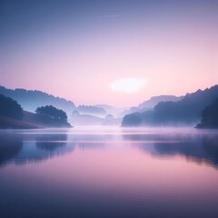 Fototapeta premium A peaceful landscape of a mist-covered lake reflecting the early morning sky, with distant hills and soft hues of dawn