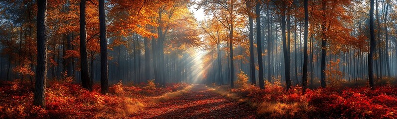 Obraz premium A serene forest scene showcasing vibrant autumn foliage illuminated by soft sunlight.