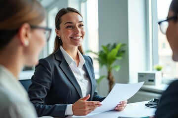 Professional Female Interviewee Engaging with Panel in Modern Office Setting, Suggesting Confidence and Communication Skills