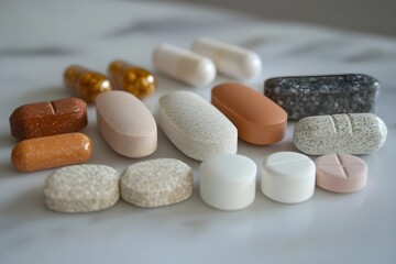 A variety of unique tablets and pills, representing advances in health science treatment and research
