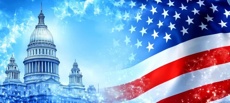Government capitol building with waving America flag background. 4th of July or America independence day. Generative video AI technology.	
