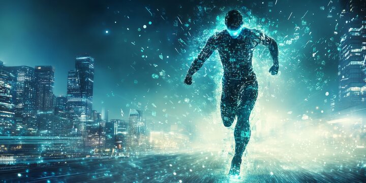 Futuristic digital runner sprints through a shimmering cityscape at night