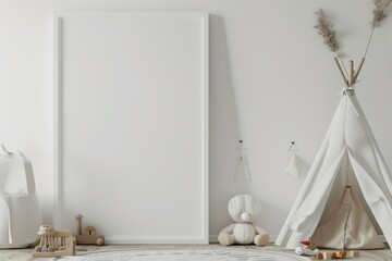 Blank white canvas frame on a white wall in a minimalist nursery with a teepee tent. toys. and a rug