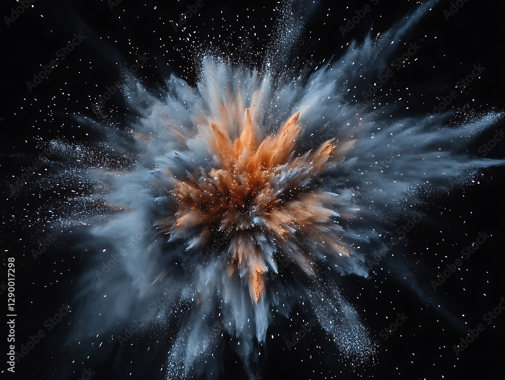 Poster dynamic explosion of colorful particles abstract art digital artwork dark environment close-up visua