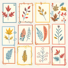 Naklejka premium Collection of abstract botanical illustrations featuring leaves, mushrooms, and plants on a dark background. Concept of natural beauty