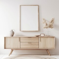 Minimalist wooden cabinet with a frame mockup and pampas grass