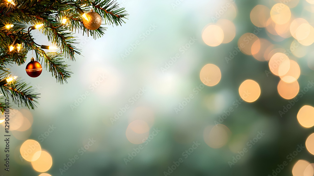 Poster glowing christmas tree branch with ornaments and soft bokeh lights