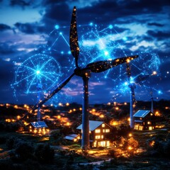 Obraz premium Enchanting nightscape with a captivating starry sky and a glowing village nestled in a mountainous forested landscape This dreamlike atmospheric image evokes a sense of mystery and wonder