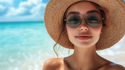 Fototapeta premium closeup portrait of girl in hat and sunglasses on tropical beach