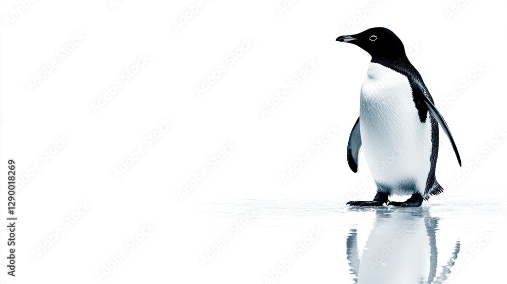 Poster lone penguin standing on glossy ice with clear reflection in minimalistic white background