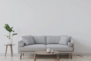 Minimalist living room interior with a gray sofa. coffee table. and plant