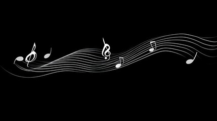Wavy musical notes on black background; design element for music websites