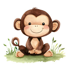 Watercolor illustration of a monkey on a white bakground