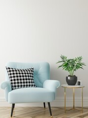 A light blue armchair with a black and white checkered pillow sits next to a round side table with a potted plant in a white living room
