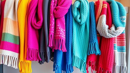 Vibrant display of multicolored knitted scarves tumbling in dryer with cozy warm glow, showcasing textures and hues, display, laundry day, scarves