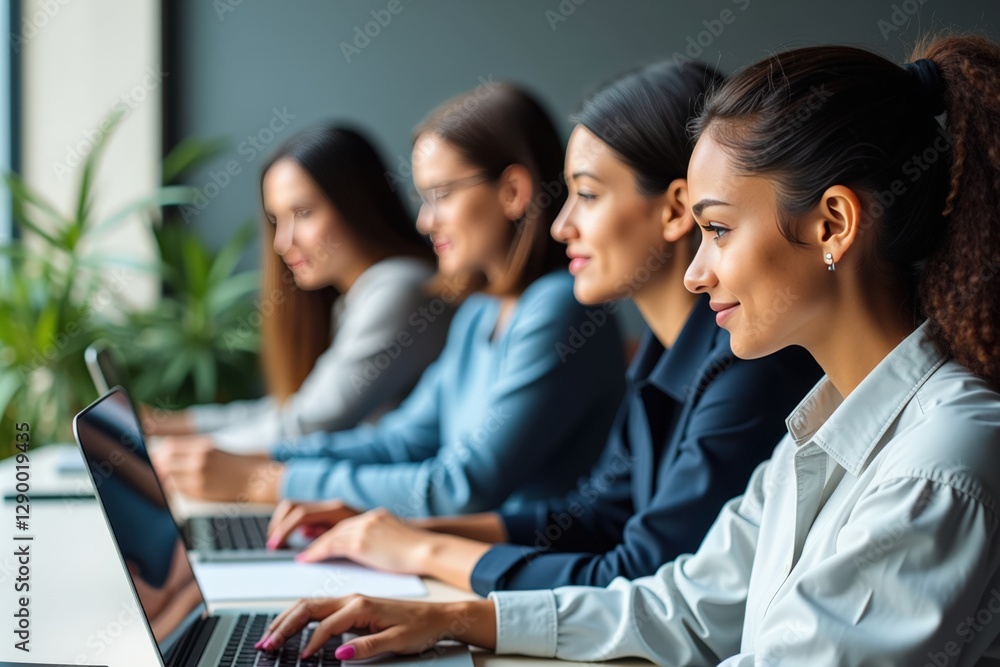 Poster focused and professional women working at desks in a modern office environment, engaged in collabora