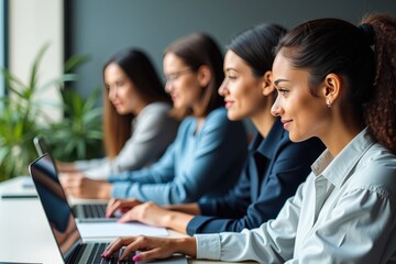 Focused and Professional Women Working at Desks in a Modern Office Environment, Engaged in Collaborative Tasks and Utilizing Laptops for Effective Communication and Productivity