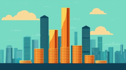 Obraz premium Urban Financial Growth with Colorful Bar Graph and Coins Illustration
