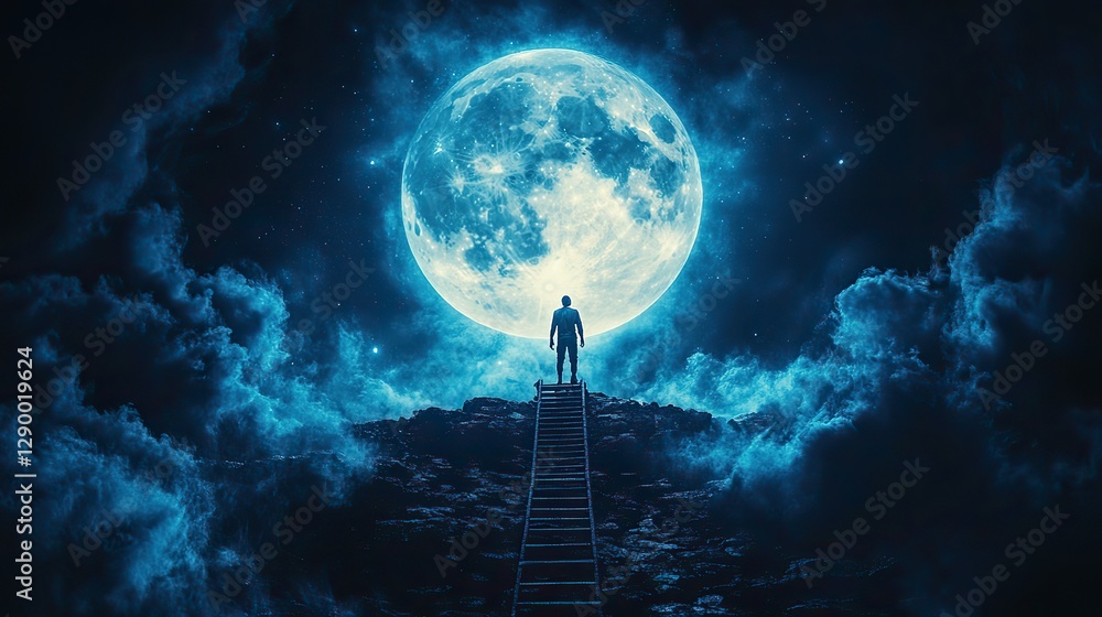 Aufkleber conceptual image of a man climbing a ladder toward a full moon