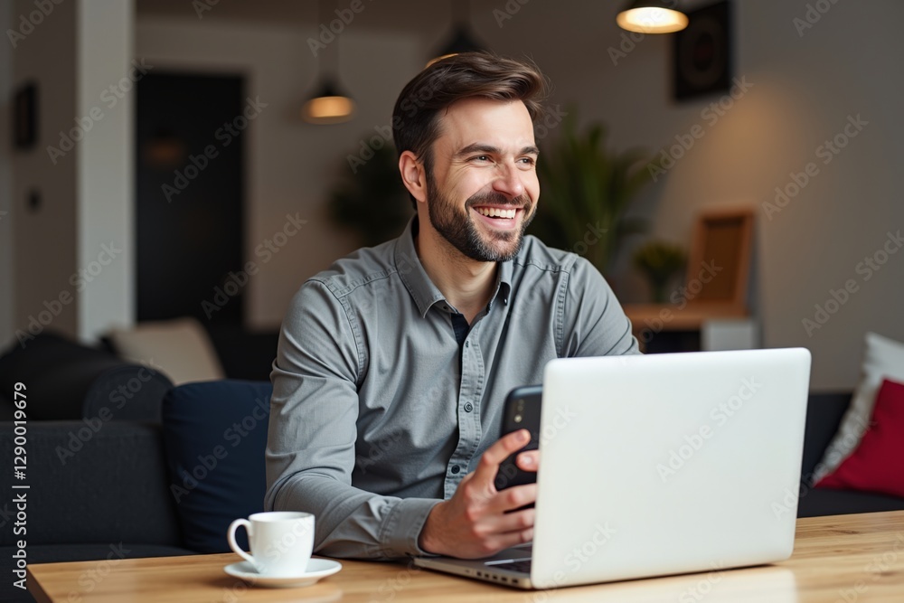 Poster smiling caucasian man in modern workspace using smartphone and laptop while enjoying a coffee break 