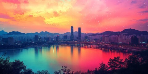 Fototapeta premium Colorful sunset illuminates a city skyline reflected in water