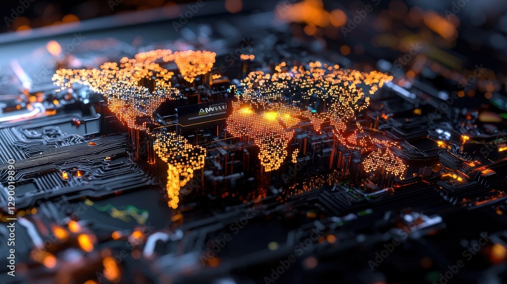 Poster glowing digital world map on intricate circuit board with shimmering lights and connections represen
