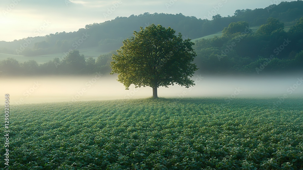 Poster countryside landscape with lonely tree in the middle of the fields misty horizon