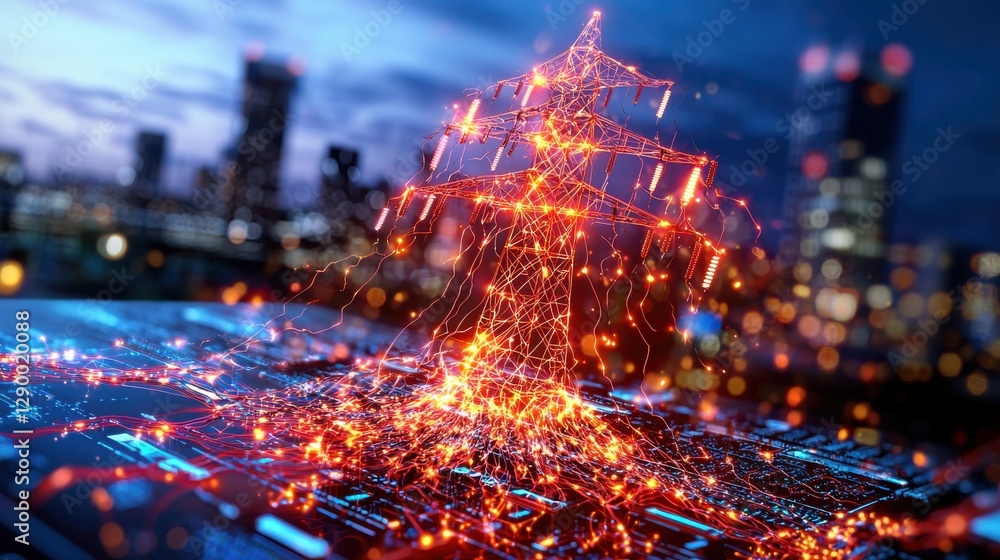 Poster mesmerizing and futuristic cityscape with towering skyscrapers glowing illumination and dynamic arch