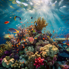 Obraz premium Underwater Paradise: A Vibrant Coral Reef Teeming with Marine Life in Crystal Clear Waters