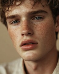 Obraz premium Portrait of a Young Man with Freckles and Blue Eyes