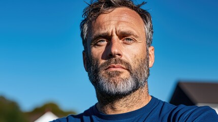 Fototapeta premium Man, serious face, outdoors, suburban background, portrait