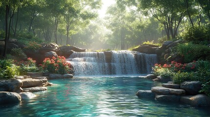 creation genesis god planted a garden in a place called eden beautiful green paradise with trees and a river flowing through the garden