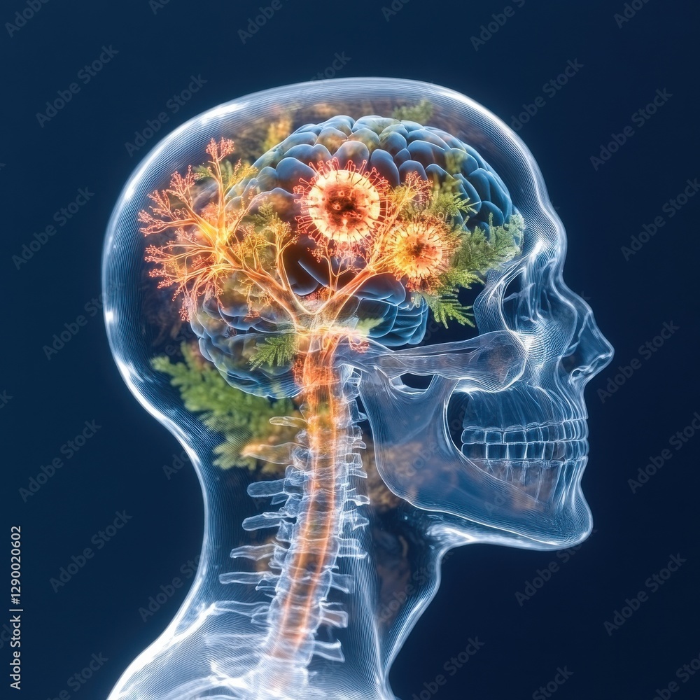 Poster illuminated anatomy of the transparent human skull and brain detailed x ray visualization of the int