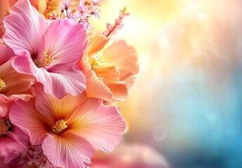 Fototapeta premium Beautiful, colorful flowers and pink hair in the background, with pastel colors, a blurred background, soft light, a bokeh effect, close-up