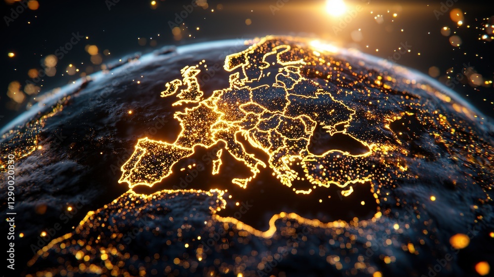Poster glowing interconnected world map with bright cities and infrastructure depicting global networks dig