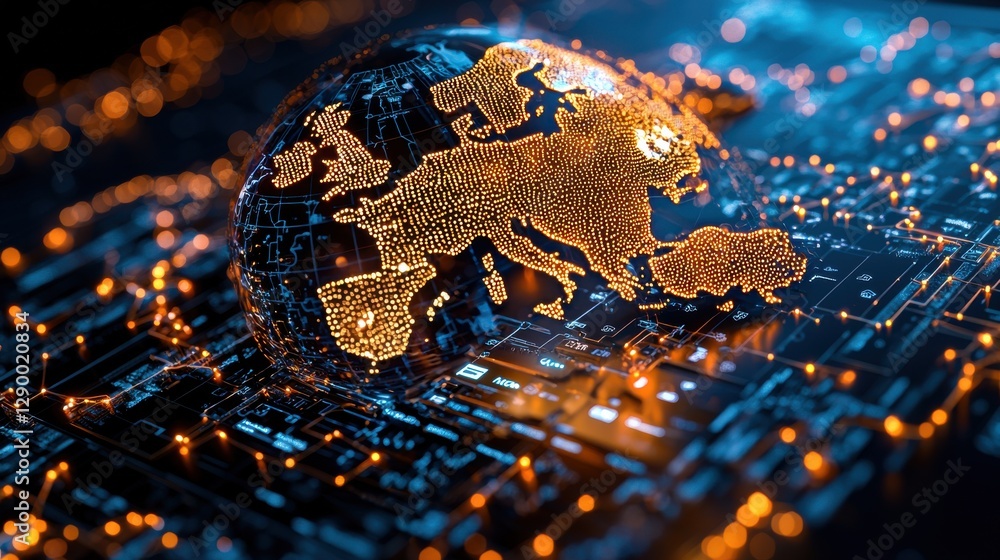 Aufkleber illuminated digital globe on abstract futuristic technology background representing global connectiv