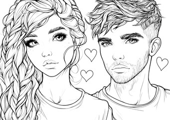 Coloring page of a beautiful woman and handsome man, a loving couple surrounded by flowers, hearts, and natural elements, on a white background,