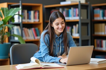 A young Hispanic woman in a denim shirt sitting in a library, smiling while working on her laptop, surrounded by books and bookshelves, engaged in her studies or research activities.