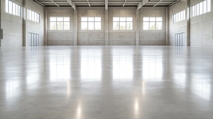Naklejka premium Empty industrial warehouse with polished floor, large windows, and natural light