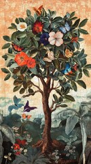 Vintage maximalist wallpaper with tree art illustration botanical.